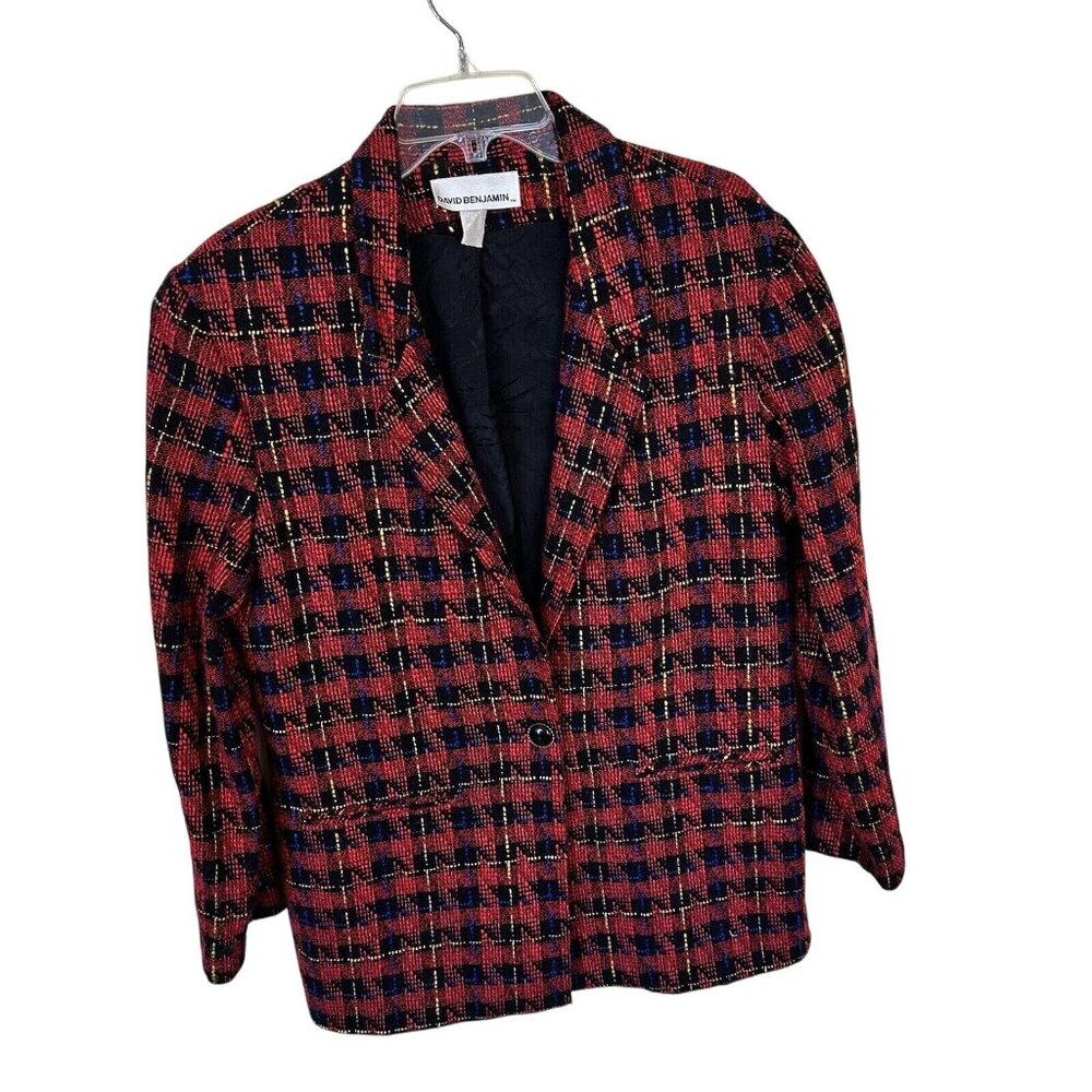 Vtg Womens Red Plaid One Button Oversized Blazer Size 14 Xl David Benjamin
